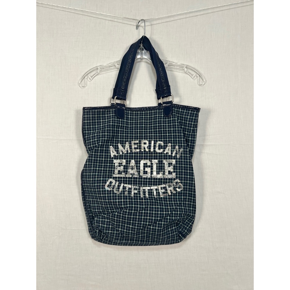 American Eagle Outfitters Navy Grid Tote Bag Silver Glitter Logo 3334